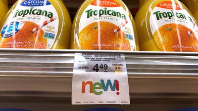 Tropicana orange juice bottles at a grocer in San Rafael, California. Pepsi's planned sale of its juice business will bolster its balance sheet, allowing it to focus on healthier snacks and zero-calorie drinks. Getty / AFP