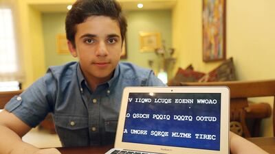 Ayman Kampoori, a pupil at British School Al Khubairat, has cracked five British Intelligence Services codes designed by top cryptographers within three weeks. Sammy Dallal / The National