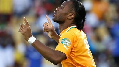 Didier Drogba looks to the skies as he takes to the field for the Ivory Coast at the African Cup of Nations.