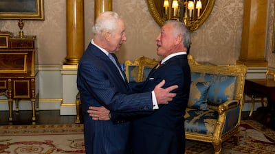 Britain's King Charles III receives Jordan's King Abdullah II at Buckingham Palace, London. AFP
