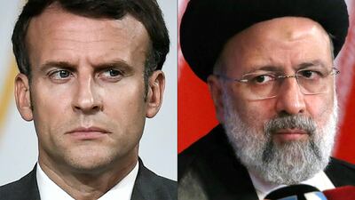 French President Emmanuel Macron, left, and new Iranian president Ebrahim Raisi. AFP