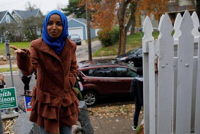 US Democratic congressional candidate Ilhan Omar arrives to encourage campaign volunteers in Minneapolis, Minnesota. Reuters