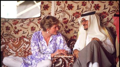 Princess Diana, wearing a Catherine Walker outfit, attends a picnic in the desert near Riyadh, Saudi Arabia in November 1986. Getty Images