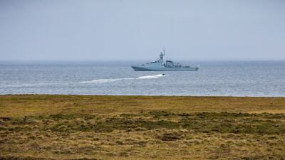 A British warship at Port San Carlos, part of the British military deployments that remain in the Falkland Islands. Photo: PA