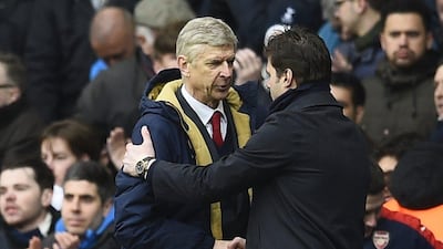 Football Soccer - Tottenham Hotspur v Arsenal - Barclays Premier League - White Hart Lane - 5/3/16Arsenal manager Arsene Wenger and Tottenham manager Mauricio Pochettino shake hands after the gameReuters / Dylan MartinezLivepicEDITORIAL USE ONLY. No use with unauthorized audio, video, data, fixture lists, club/league logos or "live" services. Online in-match use limited to 45 images, no video emulation. No use in betting, games or single club/league/player publications. Please contact your account representative for further details.