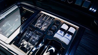 Rolls-Royce Boat Tail Hosting Suite with with refrigerator and storage for utensils and glasses. Courtesy Rolls-Royce