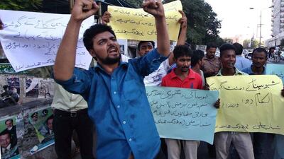 Supporters of the Shabab-e-Milli party shout slogans during an anti-India protest in Karachi, Pakistan, 19 October 2015. Shahzaib Akber / EPA