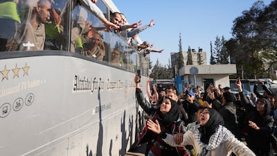 Freed Palestinian detainees are greeted after being released from an Israeli prison in Khan Younis last month. AP