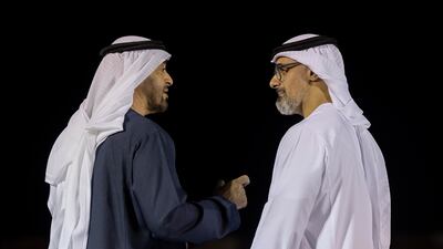 President Sheikh Mohamed and Sheikh Khaled bin Mohamed, Crown Prince of Abu Dhabi and chairman of the Abu Dhabi Executive Council, await the arrival of King Abdullah