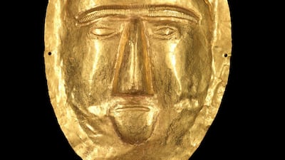 Burial mask 1-100 CE Saudi Arabia, Eastern Province, Thaj, Tell al Zayer Gold Riyadh, National Museum. Courtesy Saudi Commission for Tourism and National Heritage