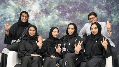 The female UAE Space Agency team who competed in last month's Government Games. From left to right: Heyam Al Balooshi, Maha Al Ahbabi, Hoor Al Mazmi, Salama Al Mansoori, Sheikha Al Maskari and Mona Hajaj. Pawan Singh / The National