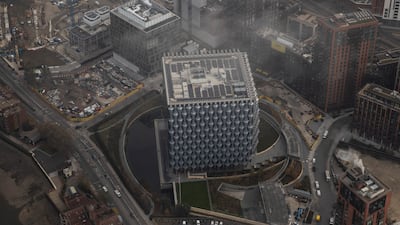 Fog shrouds the embassy in Nine Elms, designed by Philadelphia architecture firm Kieran Timberlake, in 2020. Getty Images