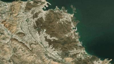 Images from satellite provider Maxar show the moment Cycline Shaheen hit Oman's coast in October 2021. Such storms are expected to become more frequent. Photo gif: Maxar / The National