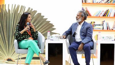 Booker Prize winning author Shehan Karunatilaka speaks to The National's Anjana Sankar at Sharjah International Book fair. Pawan Singh / The National