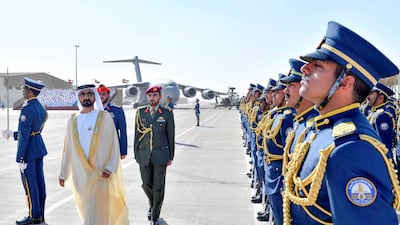 Sheikh Mohammed bin Rashid, Vice President, Ruler of Dubai and Minister of Defence, inspects the graduating cadets. Wam