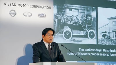 Nissan Motor Executive Vice President, Hideyuki Sakamoto, speaks during a press conference as the company plans to invest $303 million in its first rollout of a production system geared towards electric vehicles. AP Photo