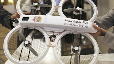 An unmanned aerial drone is displayed during Virtual Future Exhibition in Dubai. Mohammed Al Gergawi, the Minister of Cabinet Affairs in the UAE Government, said the country is developing a delivery prototype. Ahmed Jadallah / Reuters