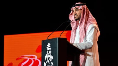 Abduaziz bin Turki Al Saud, Chairman of the Saudi General Sports Authority, speaks during a press conference for the Dakar Rally. AFP
