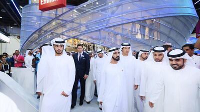 Sheikh Mohammed bin Rashid, Vice President and Ruler of Dubai, Sheikh Hamdan bin Mohammed, Crown Prince of Dubai, and Sheikh Ahmed bin Saeed, president of Dubai Civil Aviation Authority and chairman of the Emirates Group, visit the Emirates stand at the Arabian Travel Market. Courtesy Emirates