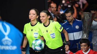 Stephanie Frappart and assistant referee Manuela Nicolosi arrive for the UEFA Super Cup. AFP