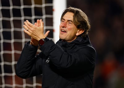Brentford manager Thomas Frank celebrates after the match. Reuters