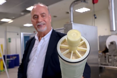 Prof Nidal Hilal with the reverse osmosis module, made at the NYU Abu Dhabi Water Research Centre. Victor Besa / The National