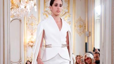 Taleedah Tamer wears Antonio Grimaldi at the haute couture show in Paris. AFP