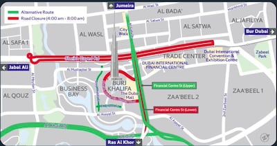 Road closures on November 20 for Dubai Ride. Courtesy: RTA