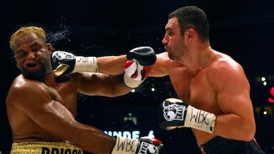 Shannon Briggs of the USA exchanges punches with Klitschko during the WBC Heavyweight World Championship fight in Hamburg, Germany, in 2010. Getty Images