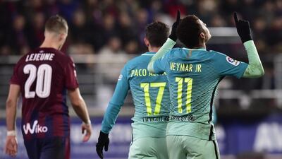 Neymar celebrates after scoring Barcelona’s fourth goal. Alvaro Barrientos / AP Photo