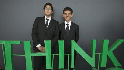 Abhishek Patankar and Mohammed Ishaq Khan were winners from Gems Modern School Academy in Dubai for their Solar-Plastic Fuel in Sustainable Energy. Mona Al Marzooqi / The National