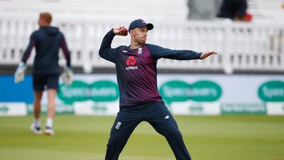 England's Jack Leach warms up as rain delays play. Action Images via Reuters