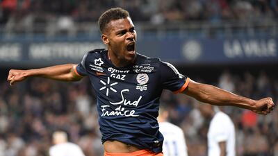 Montpellier's French forward Steve Mounie celebrates scoring against Lyon at the la Mosson Stadium in Montpellier, southern France.