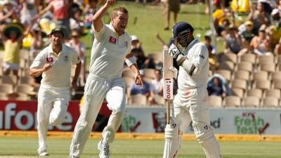 Peter Siddle celebrates the wicket of Virendra Sehwag on day two of the fourth Test between Australia and India.