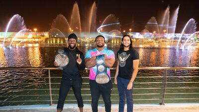The Smackdown Tag Team Champions The New Day and Saudi star Mansoor visit The Boulevard in Riyadh. Courtesy WWE