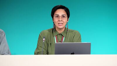 Eriel Tchekwie Deranger from Indigenous Climate Action during a press conference by North American Frontline Groups at Cop28. Pawan Singh / The National