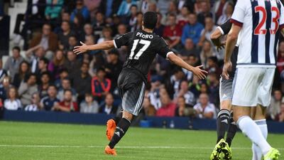 Chelsea's Pedro celebrates after scoring their opening goal to go up 1-0 against West Brom on Sunday in a victory at The Hawthorns. Will Oliver / EPA