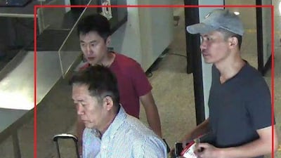 North Korean suspects Ri Jae-nam, front left, Hong Song-hac, behind left, and Ri Ji-hyun in photo released by the Royal Malaysia Police on February 19, 2017. Royal Malaysia Police via Reuters