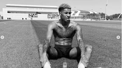Marcus Rashford has been training at Nad Al Sheba in Dubai. Courtesy Instagram
