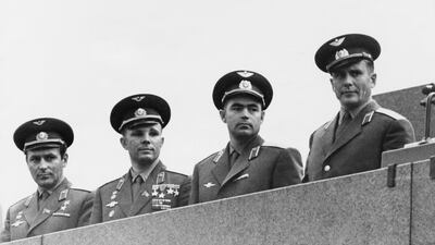 From left to right, Soviet cosmonauts Gherman Titov (1935 - 2000), Yuri Gagarin (1934 - 1968), Andriyan Nikolayev (1929 - 2004) and Pavel Popovich (1930 - 2009) pose on the Tribune of the Lenin Mausoleum in Moscow, August 1962. Nikolayev and Popovich have just returned to Moscow after the Vostok 3 and 4 space missions. Getty Images
