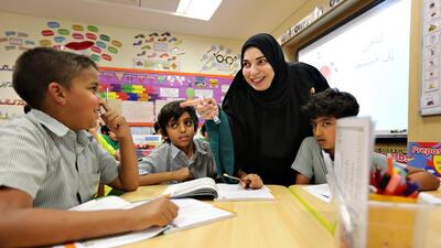 Maha Salha teaches pupils Arabic at Aldar Academies’ Al Mushrif Primary School. Fatima Al Marzooqi / The National.