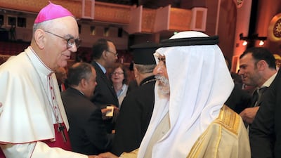 Sheikh Nahyan bin Mubarak, Minister of Tolerance, meets people at the first session at the Global Conference of Human Fraternity on Sunday at Emirates Palace, Abu Dhabi. Chris Whiteoak / The National