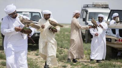 Falconers from the private office of HH Sheikh Mohammed bin Zayed al Nahyan release falcons back into the wild in Aktau, Kazakhstan. Silvia Razgova / The National
