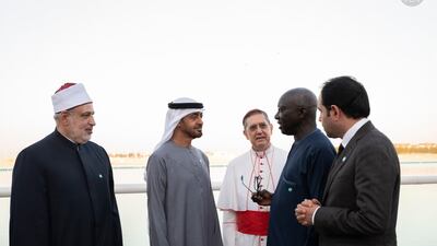 Sheikh Mohamed bin Zayed, Crown Prince of Abu Dhabi and Deputy Supreme Commander of the Armed Forces, receives members of the Higher Committee of Human Fraternity ahead of the UN-recognised International Day of Human Fraternity on February 4. Photo: Abu Dhabi Media Office