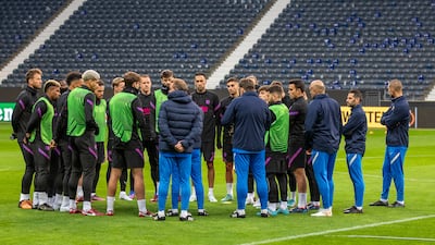 Barcelona players and coaching staff during a training session in Frankfurt. EPA