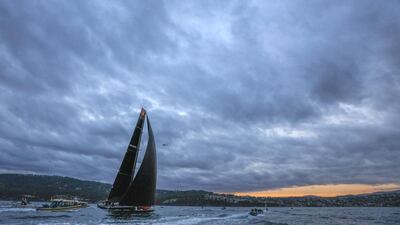 Comanche shown at the finish line in the 2015 Sydney to Hobart race. Rob Blakers / EPA