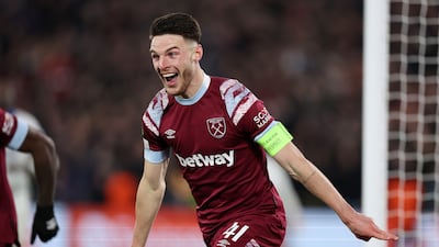 Declan Rice celebrates after his wonder goal for West Ham United in their Europa Conference League victory over Gent at the London Stadium on April 20, 2023. Getty