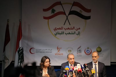 Egypt's Foreign Minister Badr Abdelatty, centre, with Lebanese ministers Faiz Rassamni and Haneen Sayed in Beirut last month. AFP