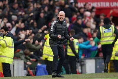 Manchester United manager Erik ten Hag celebrates Marcus Rashford's goal against Manchester City. AP