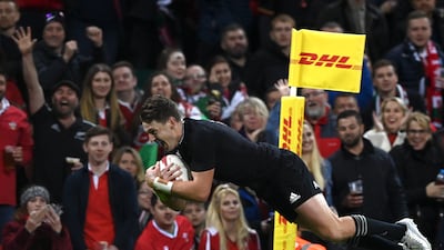 Beauden Barrett of New Zealand scores a try during against Wales. EPA